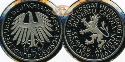 Германия (ФРГ). 5 марок. 1986D (Proof)