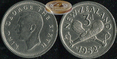 Новая Зеландия. 3 пенса. 1952 (aUnc+)