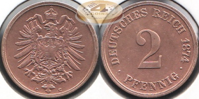 Германия (Кайзер Райх). 2 пфеннига. 1874 C (XF)