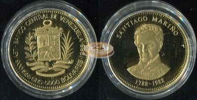 Венесуэла. 5000 боливаров. 1988 (Proof. Золото)