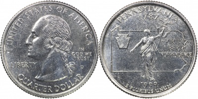 США. Монета 25 центов [Квотер]. 1999.D (KM#294. Unc) Пенсильвания
