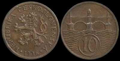 Чехословакия. Монета 10 геллеров. 1936 (KM#3. aUnc)