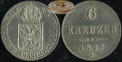 Австрийская империя. 6 крейцеров. 1849A (aUnc++. Серебро)