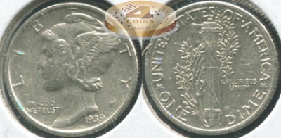 США. 10 центов [Дайм]. 1939 (XF+. Серебро)