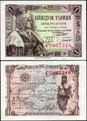 Испания. 1 песета (Unc) 1945