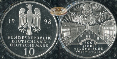 Германия (ФРГ). 10 марок. 1998.F (Proof. Серебро)