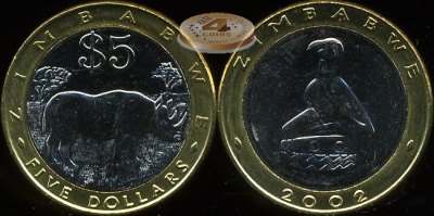 Зимбабве. 5 долларов. 2002 (Unc. Биметалл)
