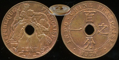 Французский Индокитай. 1 цент. 1939 (Unc)