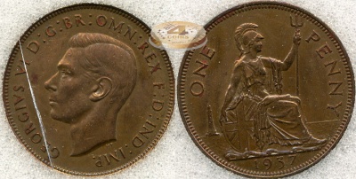 Великобритания. 1 пенни. 1937 (aUnc++ [AU-58]. Слаб)