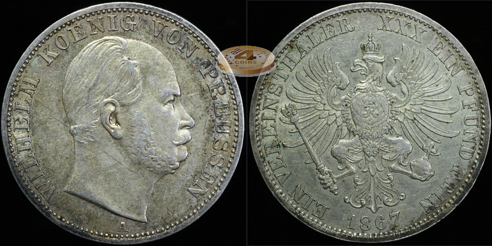 Германия (Пруссия). 1 ферайнсталер. 1867 A (aXF/XF. Серебро)