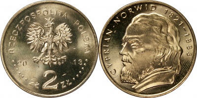 Польша. Монета 2 злотых. 2013 (KM#Y.856. Unc) Циприан Норвид, поэт