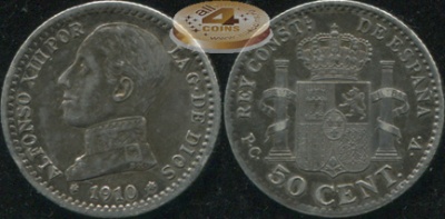 Испания. 50 центимов. 1910 (aUnc. Серебро)