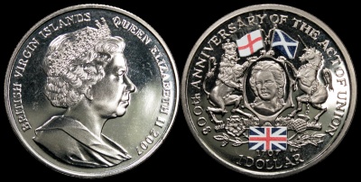 Британские Виргинские о-ва. 1 доллар. 2007 (Unc. Эмаль) 300-летие Акта союза Шотландии и Англии
