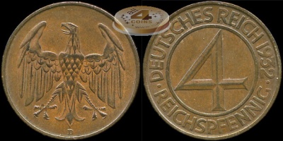 Германия (Веймарская республика). 4 рейхспфеннига. 1932 D (aUnc)