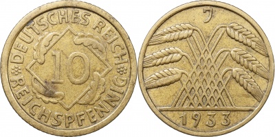 Германия [Веймарская республика]. Монета 10 рейхспфеннигов. 1933.J (J.317 / KM#40. XF)
