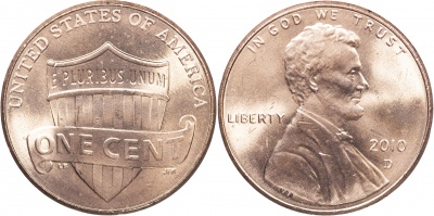 США. 1 цент. 2010.D (Unc) Lincoln Cent. Реверс щита