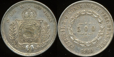 Бразилия. 500 рейс. 1860 (Unc. Серебро)