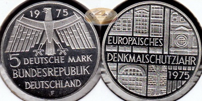 Германия (ФРГ). 5 марок. 1975 F (Proof. Серебро)