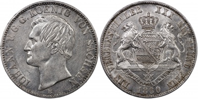 Германия [Саксония]. Монета 1 союзный талер. 1860.B (AKS.136 / KM#1214. aUnc/Unc. Серебро)