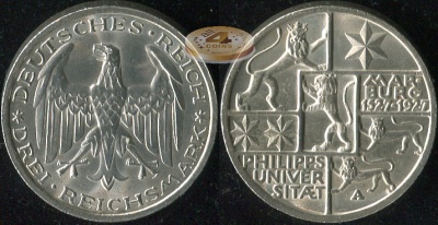 Германия (Веймарская р.). 3 рейхсмарки. 1927.A (Unc. Серебро)