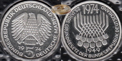 Германия (ФРГ). 5 марок. 1974 F (Proof. Серебро)