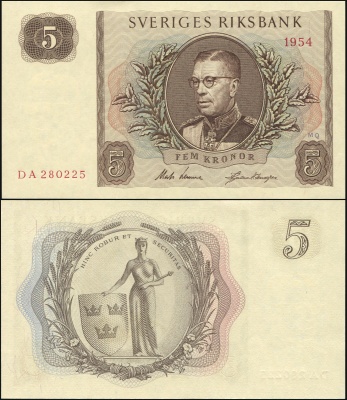 Швеция. Банкнота 5 крон. 1954. Unc. Бумага. Кат.# P.42a
