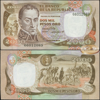 Колумбия. Банкнота 2000 песо оро. 17.12.1985(1986). Unc. Бумага. Кат.# P.430c
