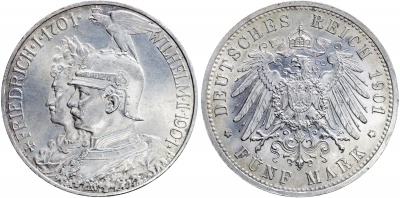 Германская имп.[Пруссия]. Монета 5 марок. 1901.A (KM#526. Unc. Серебро) 200 лет Королевству Пруссия