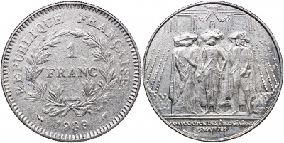 Франция. Монета 1 франк. 1989 (KM#967. XF/aUnc) 200 лет Генеральным штатам