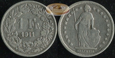 Швейцария. 1 франк. 1911 (aVF. Серебро)