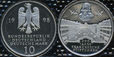 Германия (ФРГ). 10 марок. 1998 (J) (Proof. Серебро)