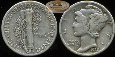 США. 10 центов (Дайм). 1935 (VF. Серебро)