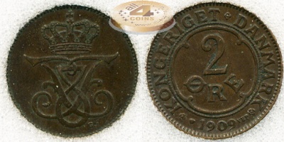 Дания. 2 эре. 1909 (aUnc+ [AU-55]. Слаб)
