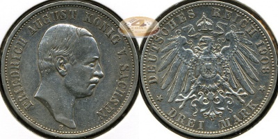 Германия (Саксония). 3 марки. 1908 E (VF. Серебро)