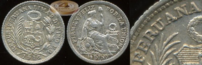 Перу. 1/2 динеро. 1916 (XF. Серебро) С ошибкой!