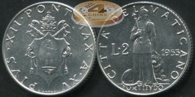 Ватикан. 2 лиры. 1953 (Unc)