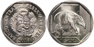 Перу. Монета 1 соль. 2018 (KM#NL. Unc) Горный тапир (Tapirus pinchaque)