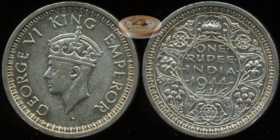 Британская Индия. 1 рупия. 1944 (XF+. Серебро)