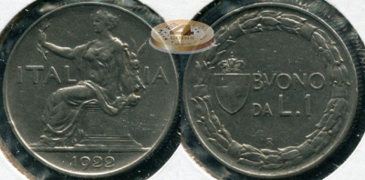 Италия. 1 лира. 1922.R (XF+)
