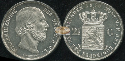 Нидерланды. 2 1/2 гульдена. 1870 (aUnc/Unc. Серебро)
