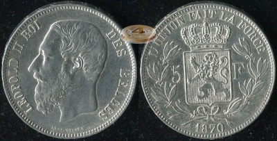 Бельгия. 5 франков. 1870 (aXF/XF. Серебро)
