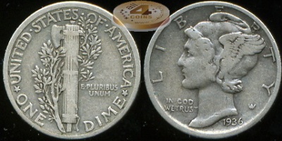 США. 10 центов (Дайм). 1936 (VF. Серебро)