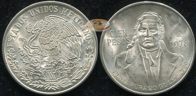 Мексика. 100 песо. 1978 (aUnc+. Серебро)