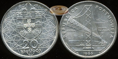 Португалия. 20 эскудо. 1966 (Unc. Серебро)