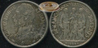 Датская Вест-Индия. 20 центов (1 франк). 1905 (XF/aUnc. Серебро)