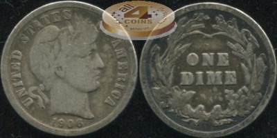 США. 10 центов (Дайм). 1906 (VF. Серебро)