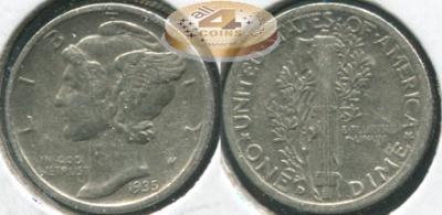 США. Монета 10 центов [Дайм]. 1935.D (KM#140. aXF. Серебро) Winged Liberty (Mercury) dime