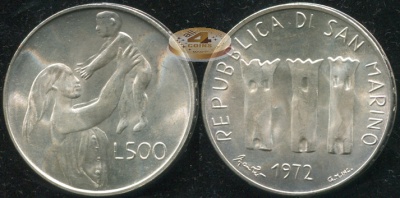 Сан-Марино. 500 лир. 1972 (Unc. Серебро)