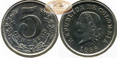 Колумбия. 5 центаво. 1888 (XF+)