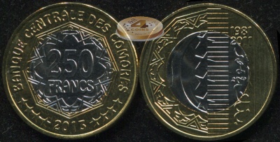 Коморские острова. Монета 250 франков. 2013 (KM#21. Unc. Биметалл) 30 лет Центральному банку